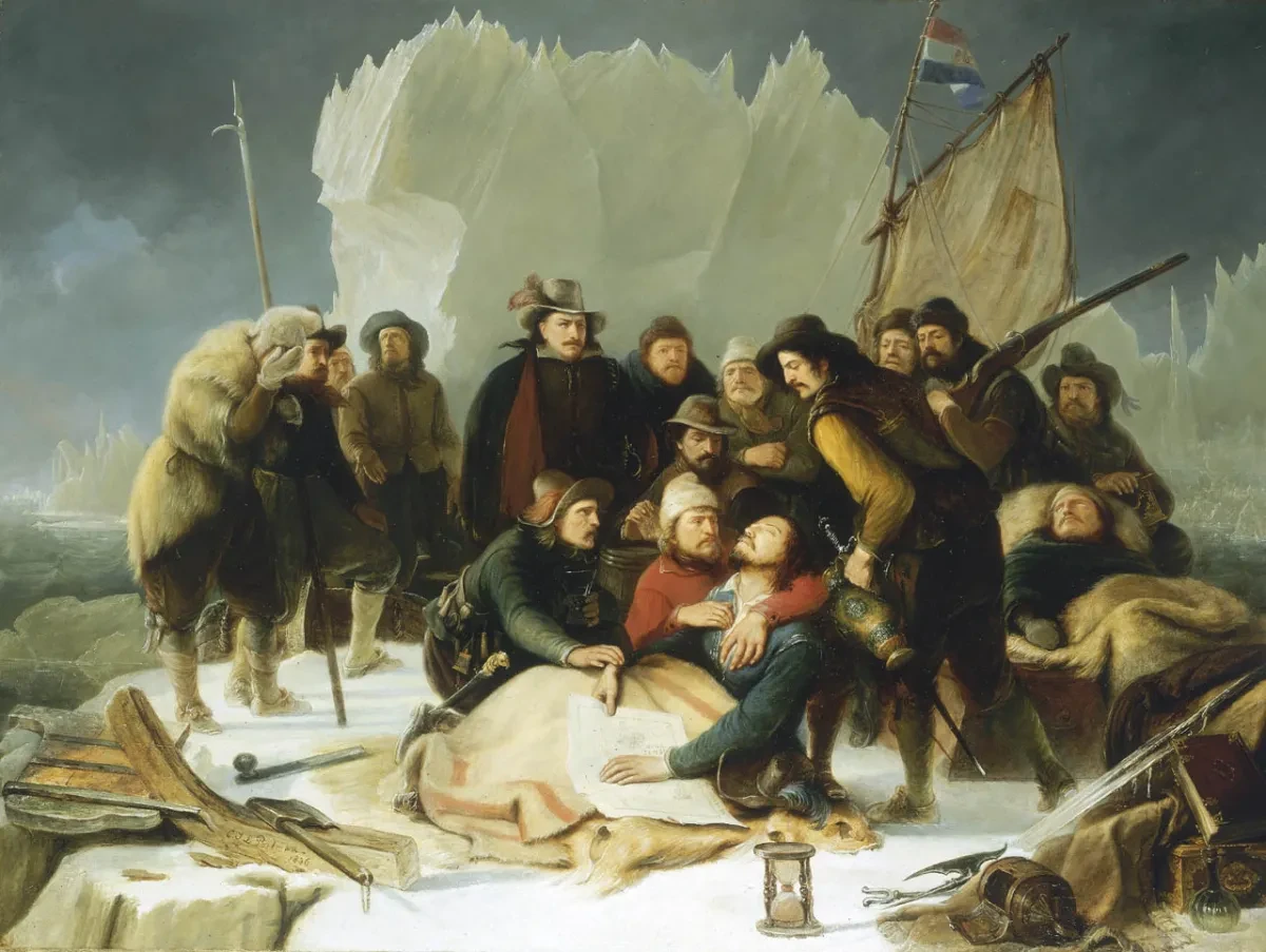 Image showing group of men crowded around dying man, in an Arctic setting.